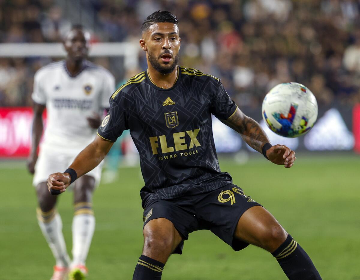 LAFC forward Denis Bouanga controls the ball during a match against the Galaxy in October 2022.