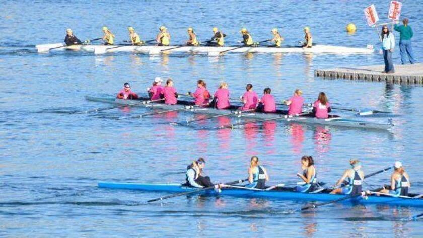 Crews in the 16th annual Susan G. Komen Row for the Cure event will take to the waters of Mission Bay on Oct. 30. Even paddle boarders can participate. (Courtesy photo)