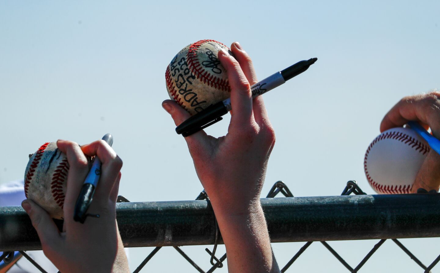 Fans hold out balls to get autographed during a spring training practice at the Peoria Sports Complex on Monday, Feb. 20, 2023 in Peoria, AZ.