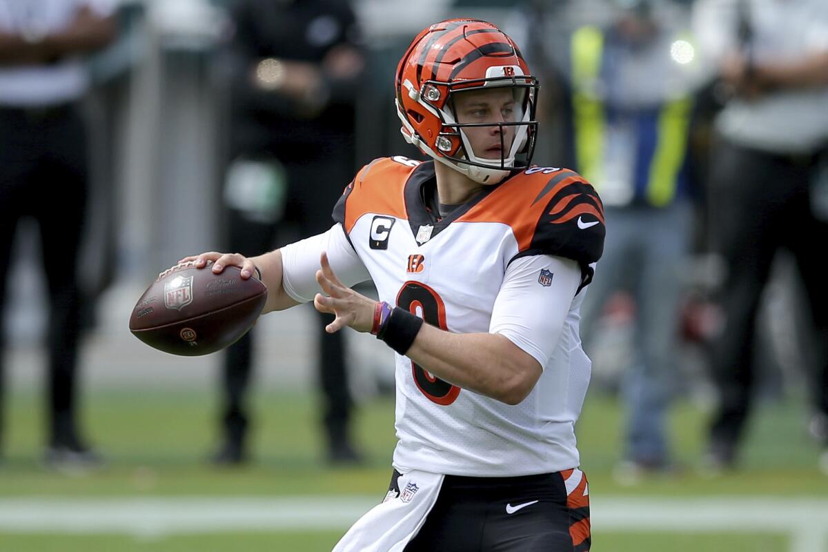 Cincinnati Bengals quarterback Joe Burrow passes against the Philadelphia Eagles on Sept. 27.