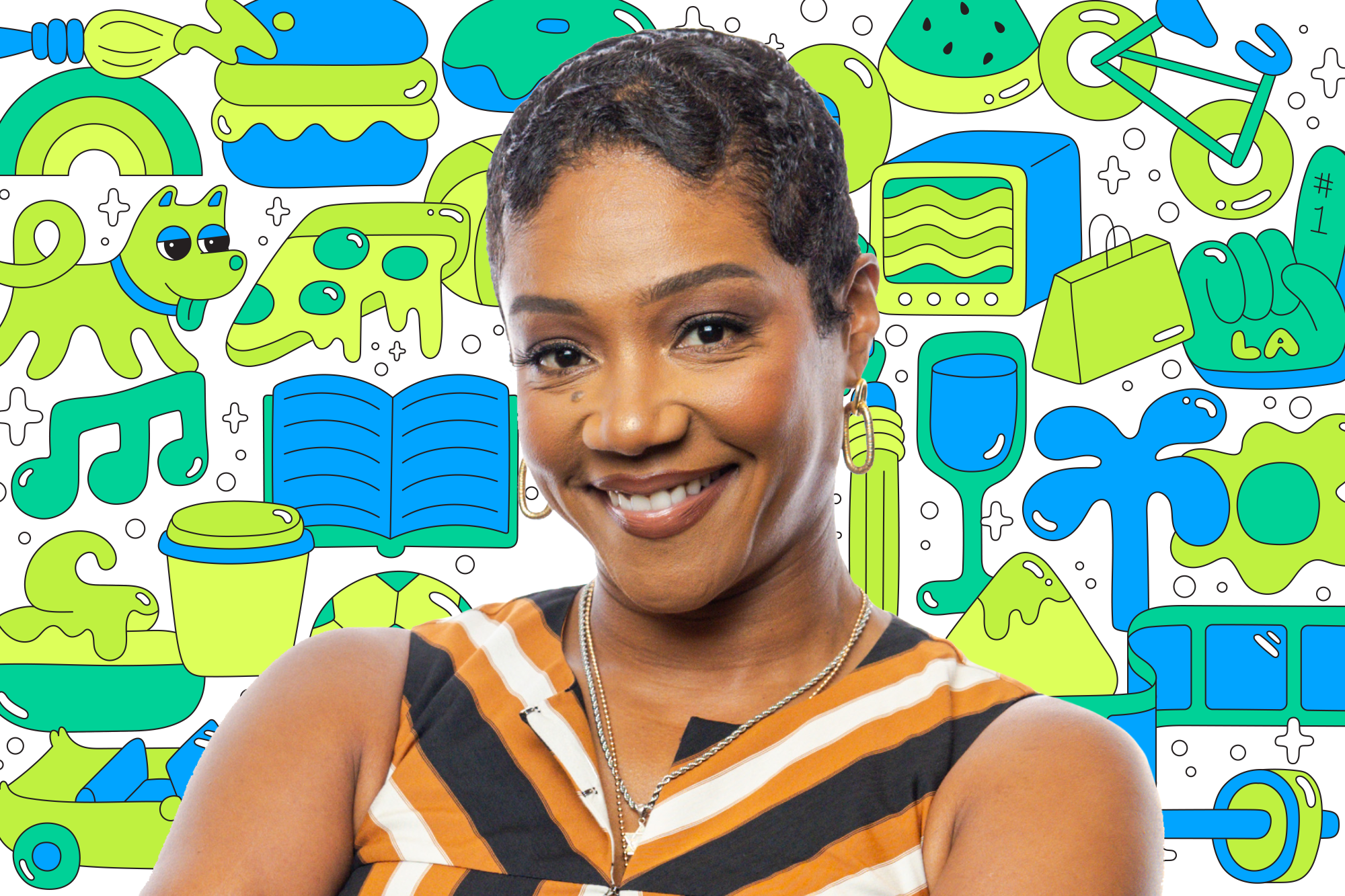 Photo of a woman on a background of colorful illustrations like a book, dog, pizza, TV, shopping bag and more