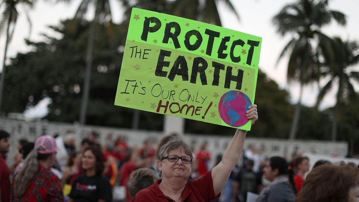 A protestor demonstrates for a clean environment on March 8 in Miami, Florida.