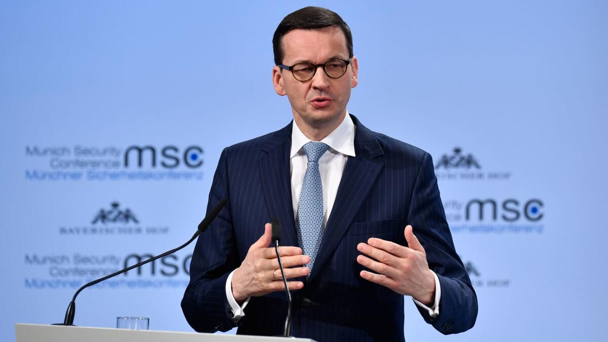 Polish Prime Minister Mateusz Morawiecki speaks at a security conference in Munich, Germany, on Feb. 17, 2018.