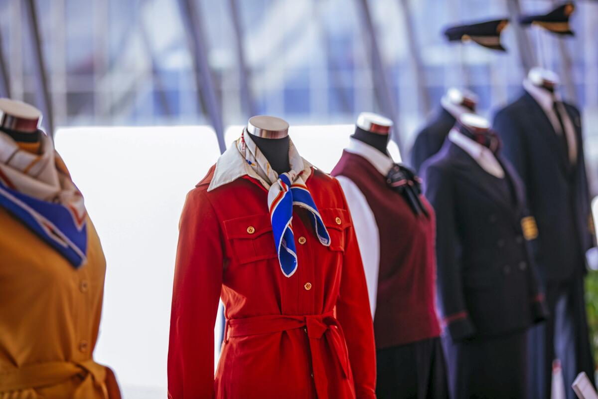 Vintage TWA uniforms are displayed in the new TWA Hotel at New York's John F. Kennedy International Airport.