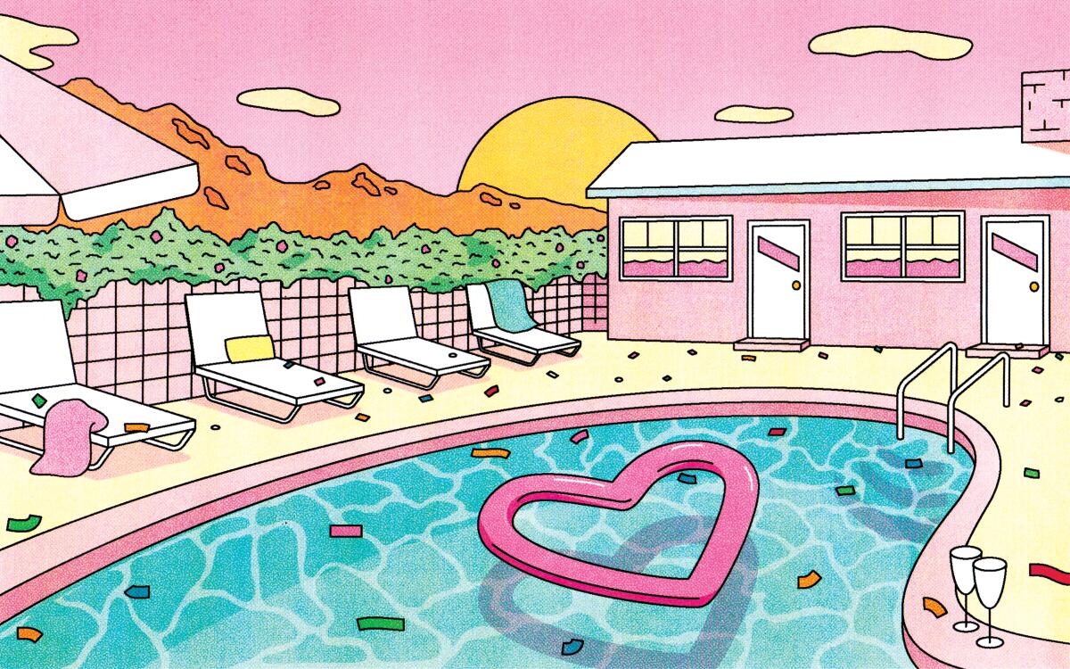 Illustration of a pool and lounge chairs at a pink motel in a sunset desert scene, with confetti and a heart-shaped floaty.