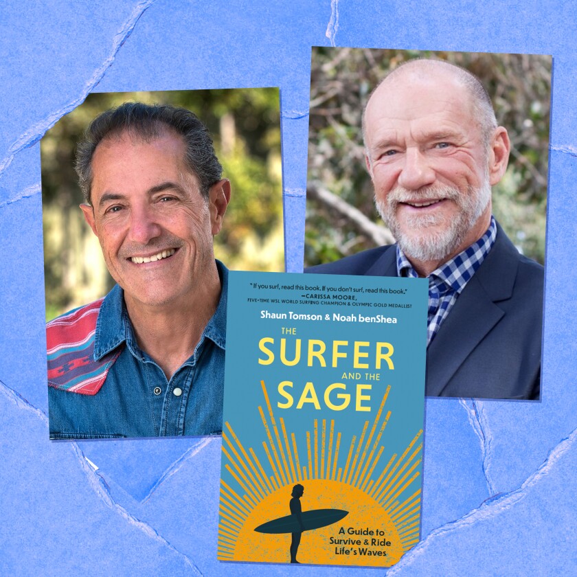 Triptych photo of two adult men and a book cover that has the image of a surfer on it.