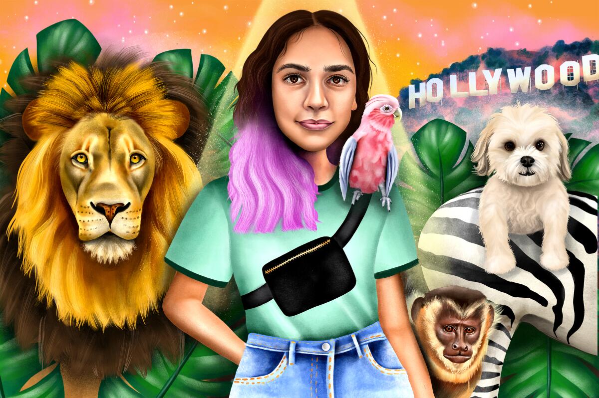 Illustration of a young woman standing with various animals in front of the Hollywood sign.