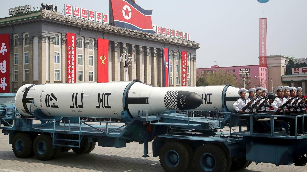 A missile is displayed in a North Korean military parade in Pyongyang in April 2017.