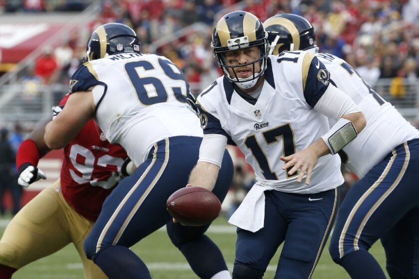 Rams quarterback Case Keenum looks to hand the ball off during a game against the 49ers on Jan. 3.