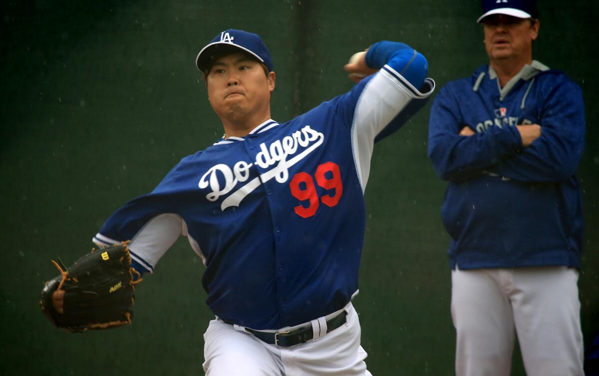 Dodgers starting pitcher Hyun-Jin Ryu participates in a workout on March 2.