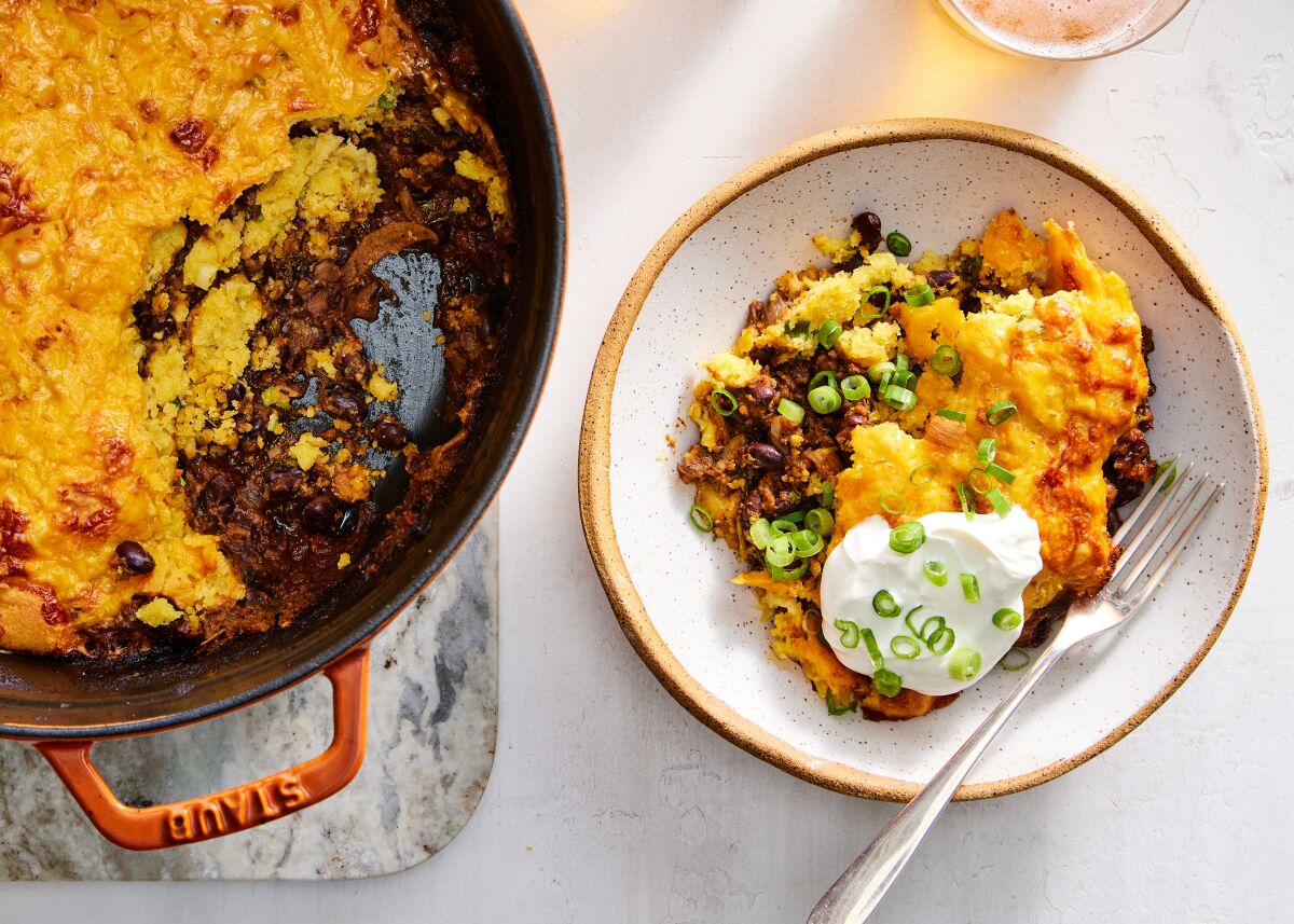 Vegetarian tamale pie, a bean-based chili and a little bit of spice in a retro casserole.