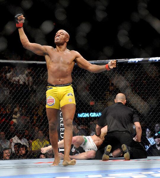 Anderson Silva celebrates after the referee stopped the fight in the second round. Winner: Anderson Silva, TKO, round 2.