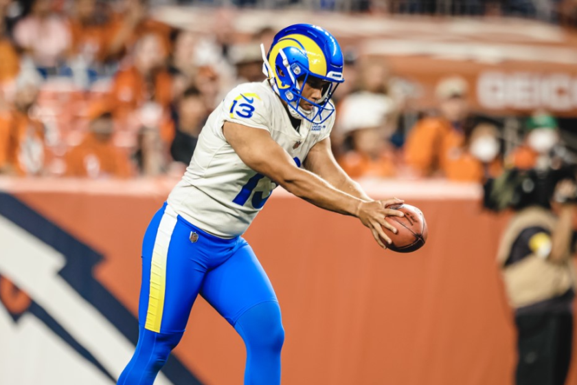 Rams punter Corey Bojorquez punts against the Denver Broncos in a preseason game on August 28, 2021.