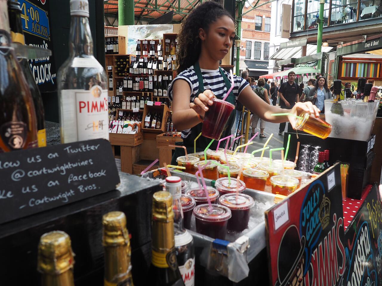 A selection of sangria and Pimm's Cups from the Cartwright Brothers stand at Borough Market in London.