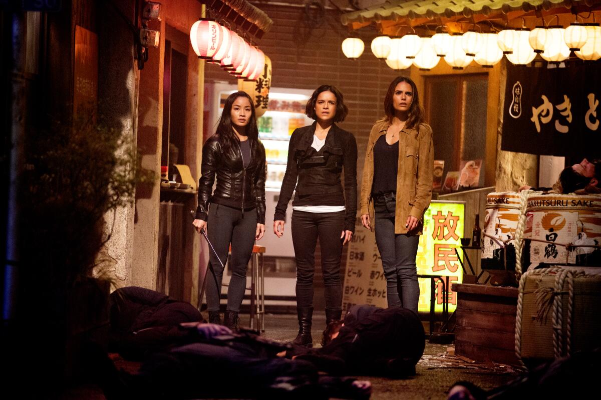 Anna Sawai, Michelle Rodriguez and Jordana Brewster in "F9."