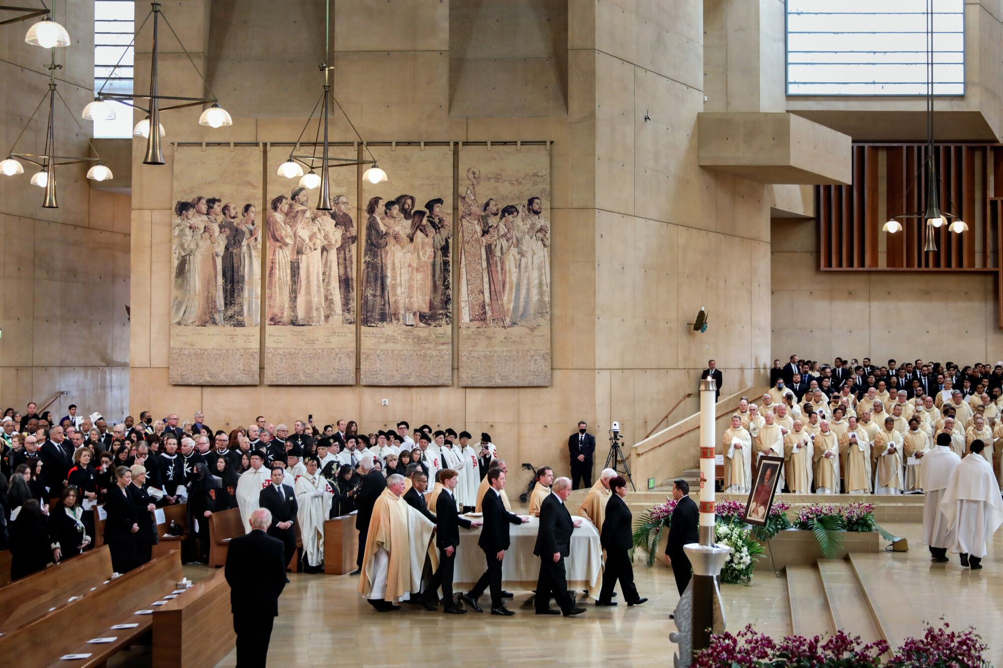 The casket of Bishop David O'Connell arrives at the Cathedral of Our Lady of the Angels in downtown Los Angeles