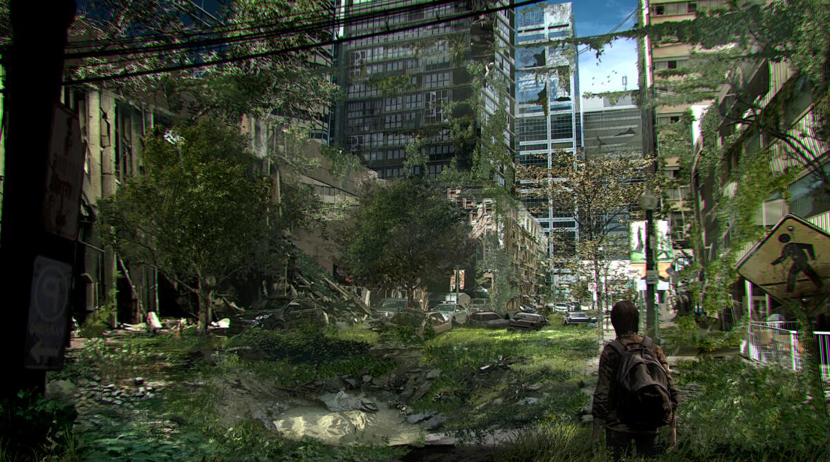 In concept art from "The Last of Us," the abandoned streets of Boston are being reclaimed by nature.