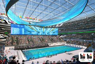 An artist's rendering of the 2028 Los Angeles Olympics swimming venue at SoFi Stadium in Inglewood.