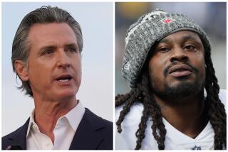 Left, California Gov. Gavin Newsom speaks during an event in San Francisco on Nov. 9, 2023. Oakland Raiders running back Marshawn Lynch leaves the field after the first half of an NFL football game against the Los Angeles Chargers Sunday, Oct. 7, 2018, in Carson, Calif. (AP Photo/Jeff Chiu, AP Photo/Jae C. Hong)