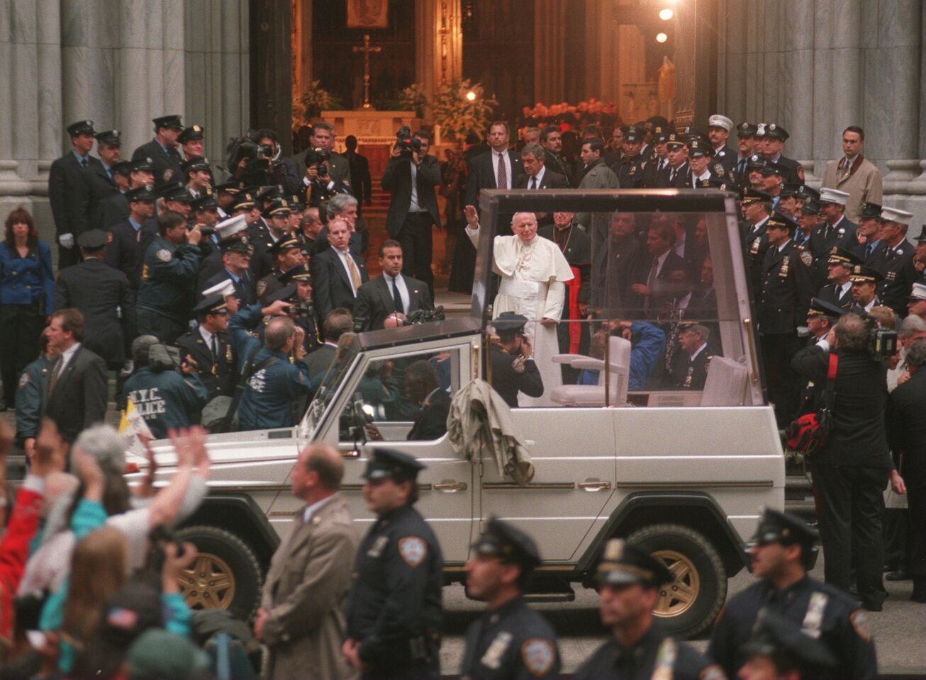 Pope John Paul II arrives at the steps of St. Patrick's Cathedral in New York City.