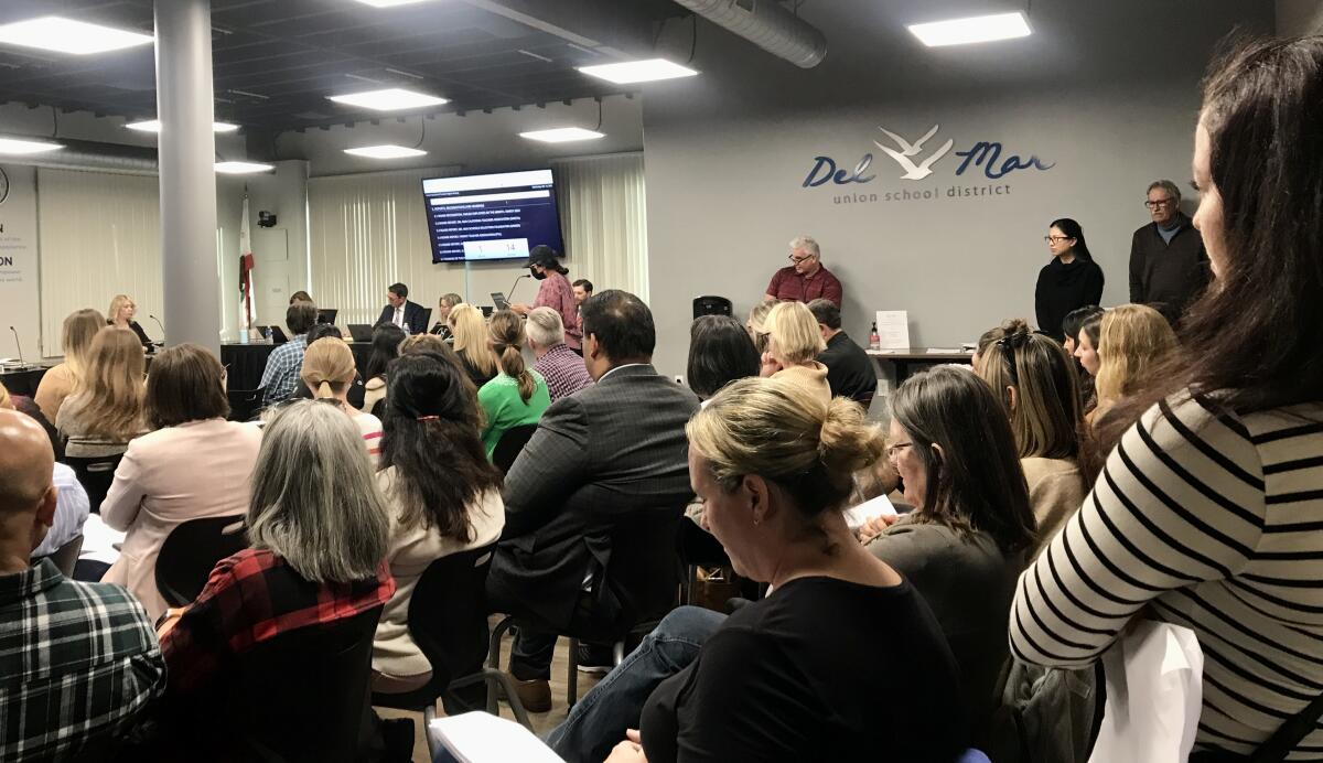A full board room at Del Mar Union School District's March 16 meeting.