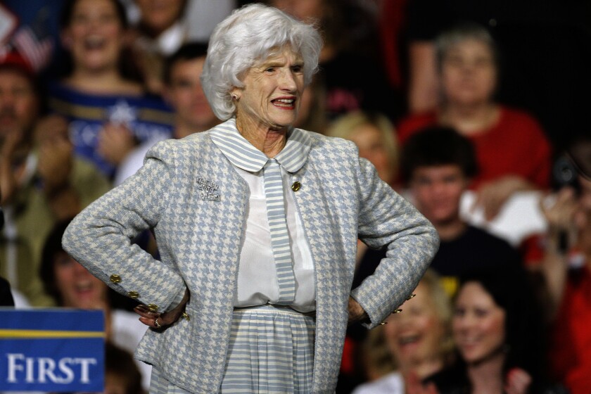 Roberta McCain stands on stage during a rally in Downingtown, Pa., in 2008.
