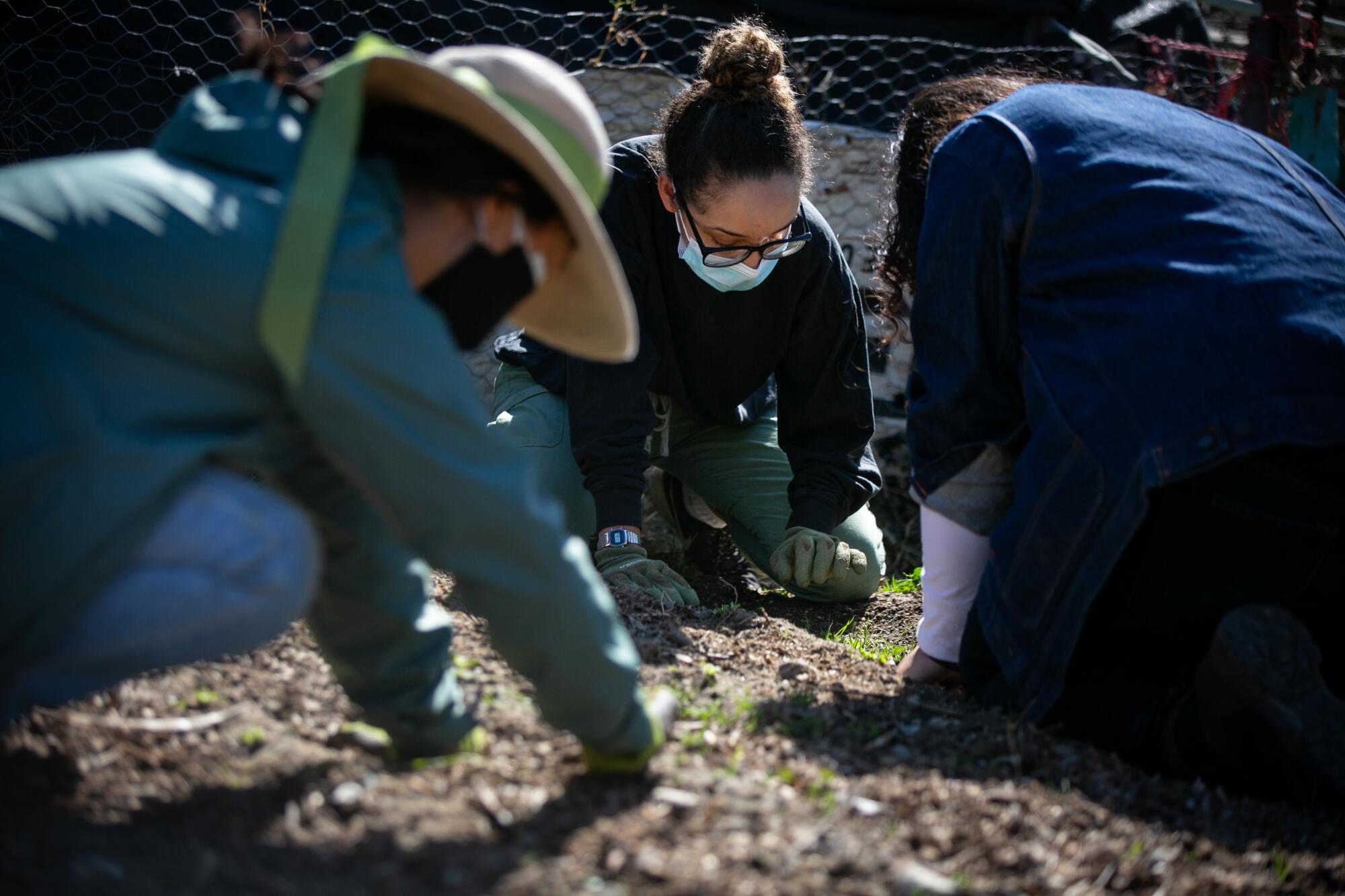 Volunteers work one of the garden beds at La Madera Community Garden in El Monte.