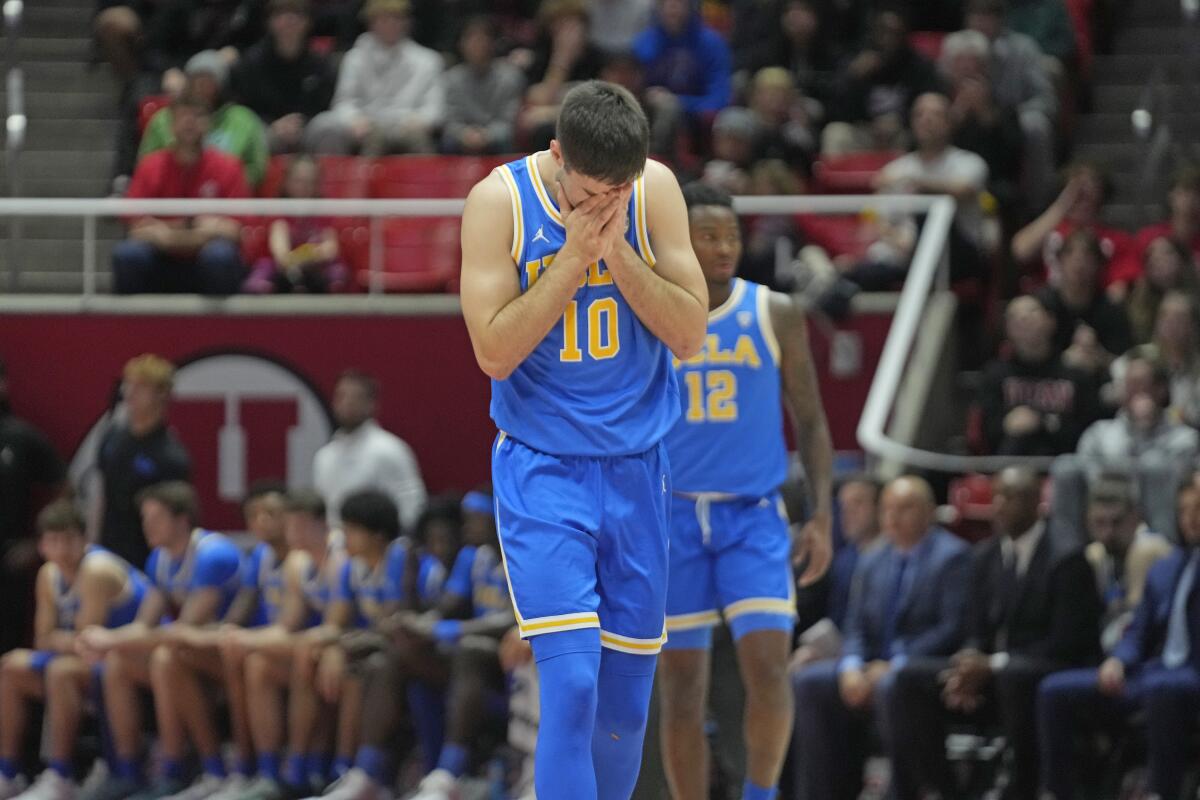 UCLA guard Lazar Stefanovic reacts after being hit during the second half of the Bruins' loss to Utah on Thursday.