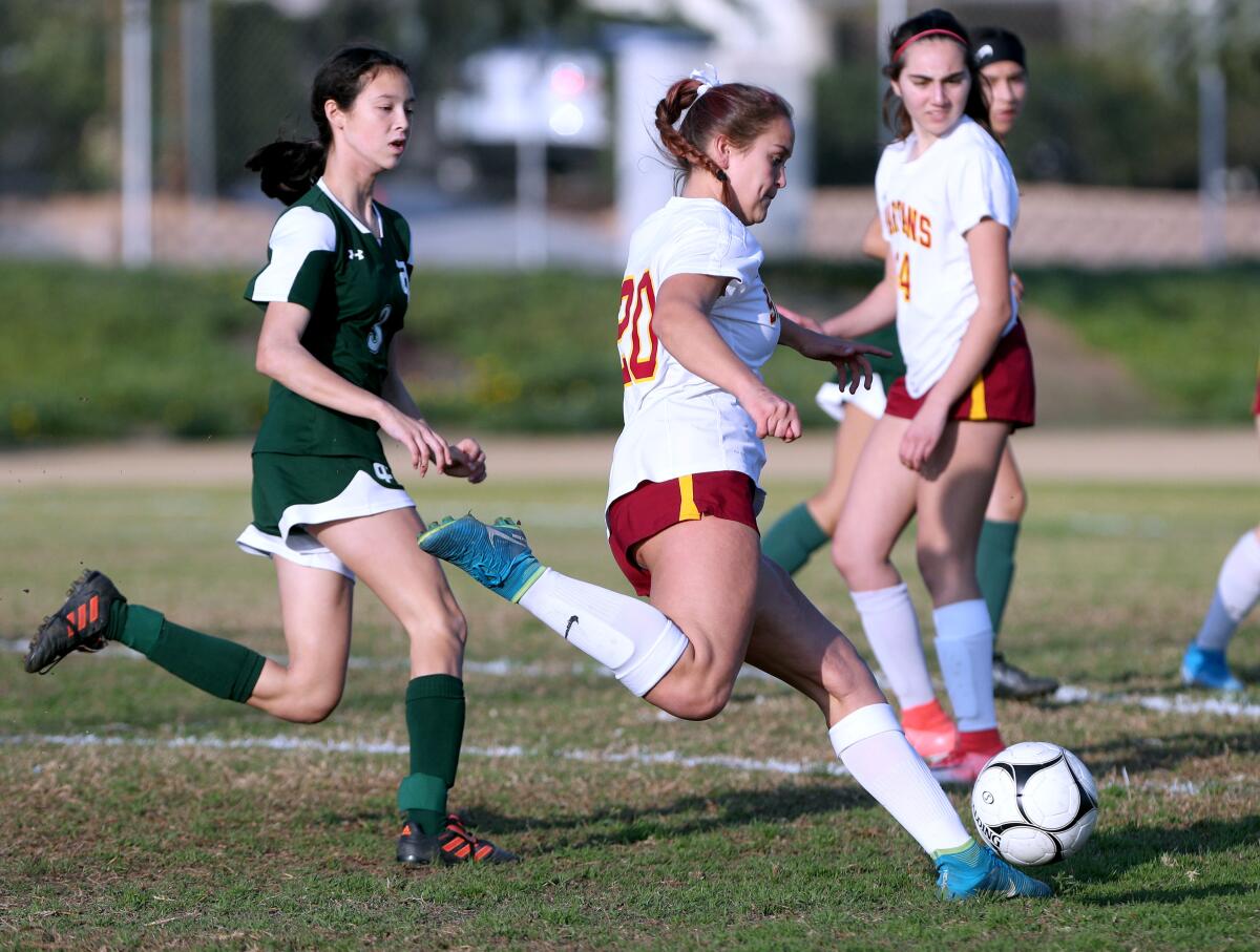 La Canada High School girls soccer player Haley Decker takes a shot on goal in game vs. Temple City High in Temple City on Wednesday, Jan. 22, 2020.