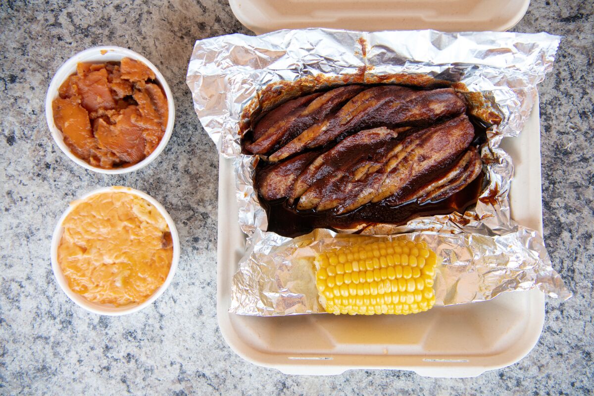 Chicken links, mac 'n' cheese and candied yams from Phillips Bar-B-Que