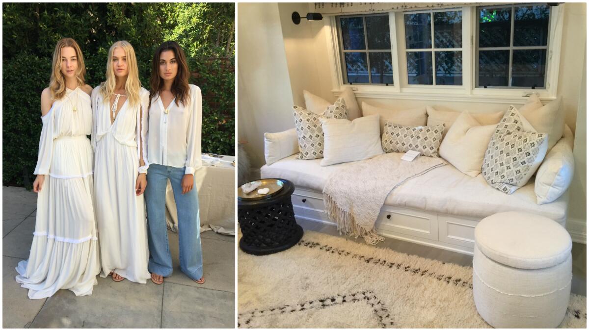 Looks from Erin Fetherston's Spring/Summer 2017 namesake collection, left, and pieces from her collaboration with Fragments Identity, right, on display in her new Hollywood home.