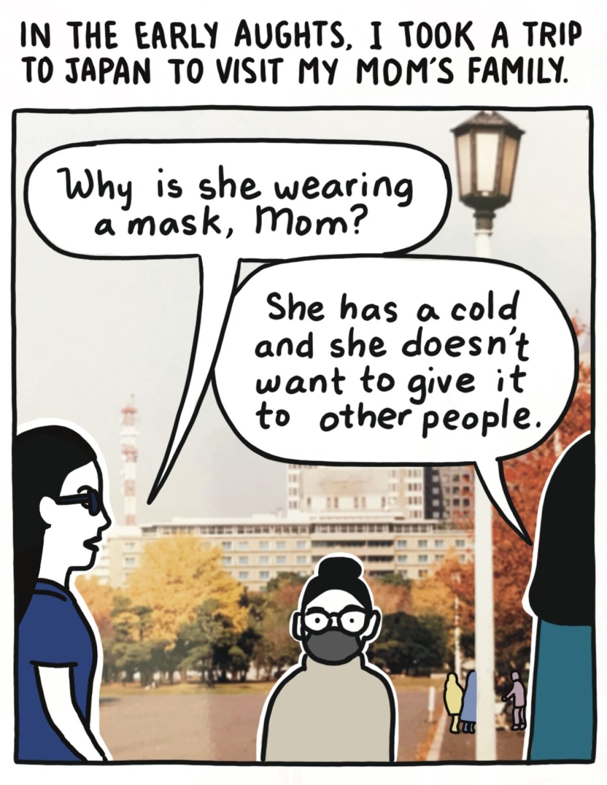 Illustration of two people talking, looking at a third person wearing a mask