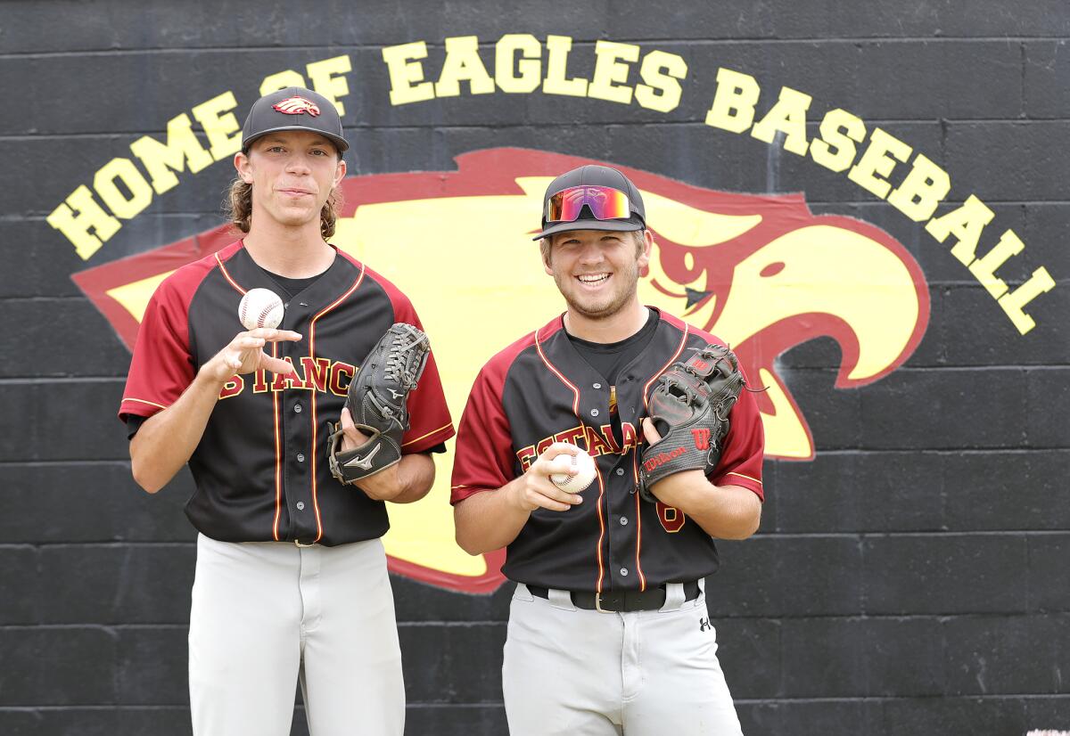 Pitchers Andrew Mits and Trevor Scott, from left, have led the Estancia High baseball team to its first CIF title game.