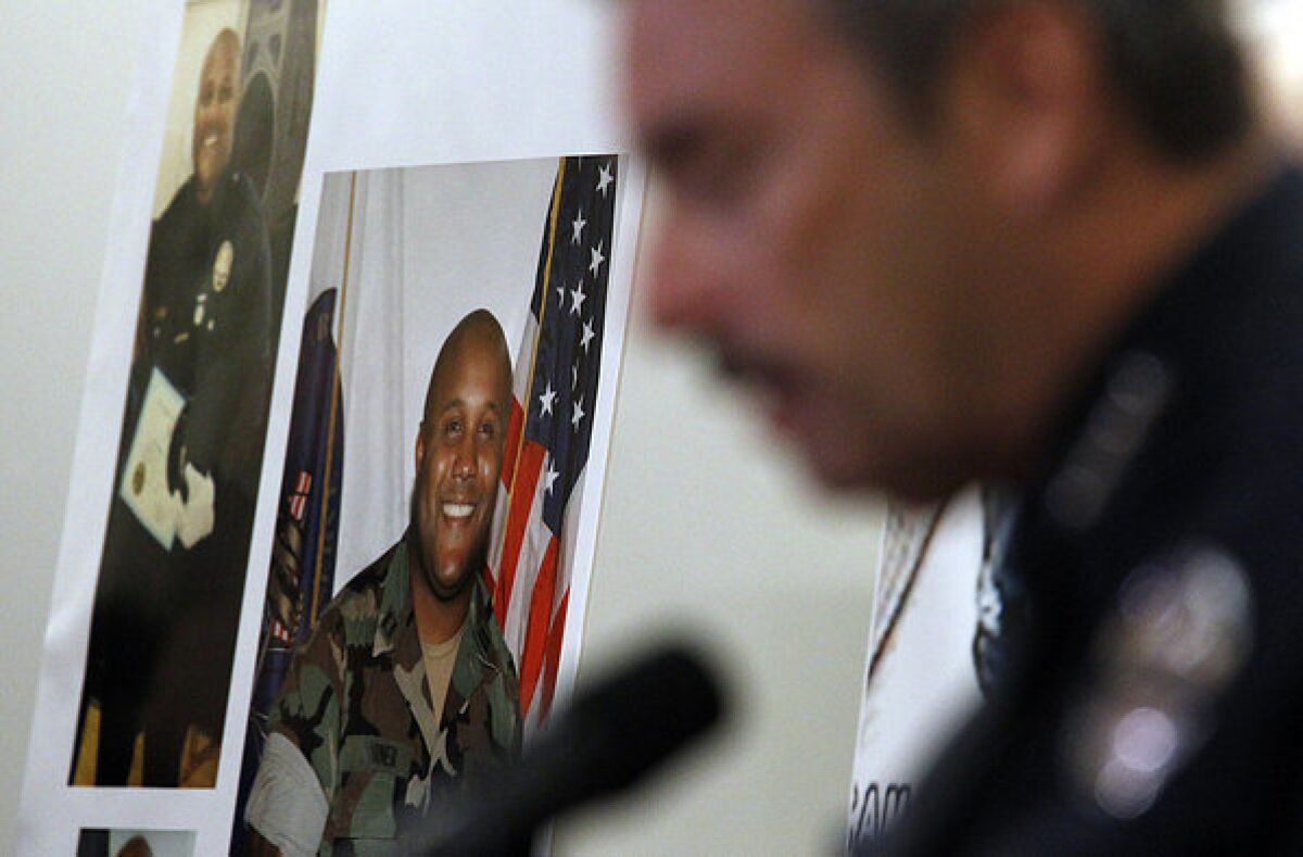 LAPD Chief Charlie Beck talks to reporters about Christopher Dorner, pictured at left, a former LAPD officer who went on a shooting rampage in February.