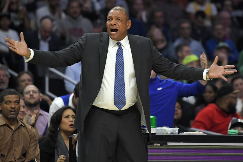 Los Angeles Clippers head coach Doc Rivers yells to referees during the second half of an NBA basketball game against the Boston Celtics Wednesday, Nov. 20, 2019, in Los Angeles. (AP Photo/Mark J. Terrill)