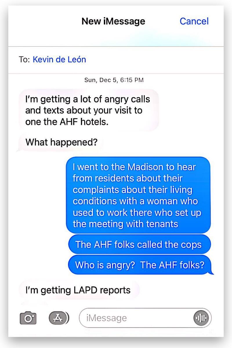 Text message screenshots. "I'm getting a lot of angry calls and texts." "Who is angry. AHF folks?" "I'm getting LAPD reports"