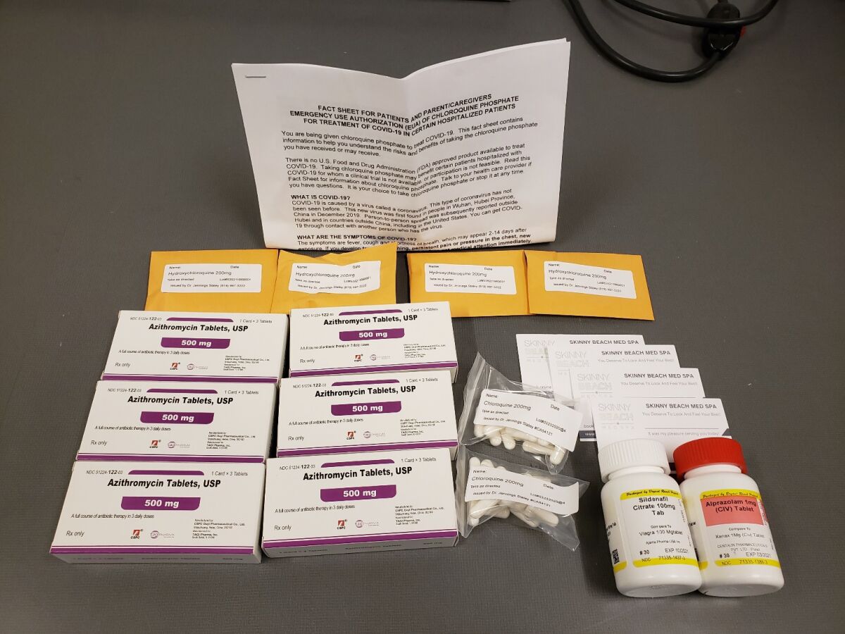According to the FBI, Dr. Jennings Staley sent this "COVID-19 management program" to an undercover FBI agent. It contained hydroxychloroquine; generic versions of Xanax and Viagra; and azithromycin, an antibiotic that’s often called a Z-Pak.