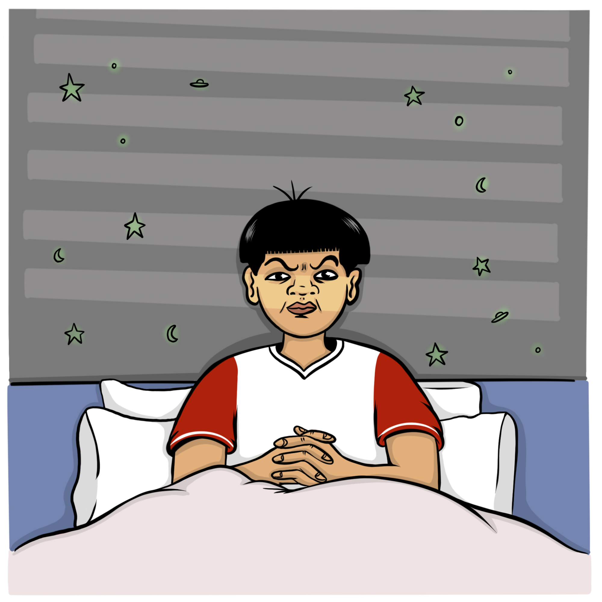 Illustration of an angry child in bed 