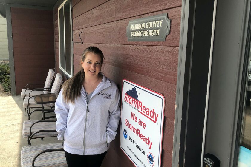 Emilie Sayler, public health officer for Madison County, outside her office in Virginia City, Mont.