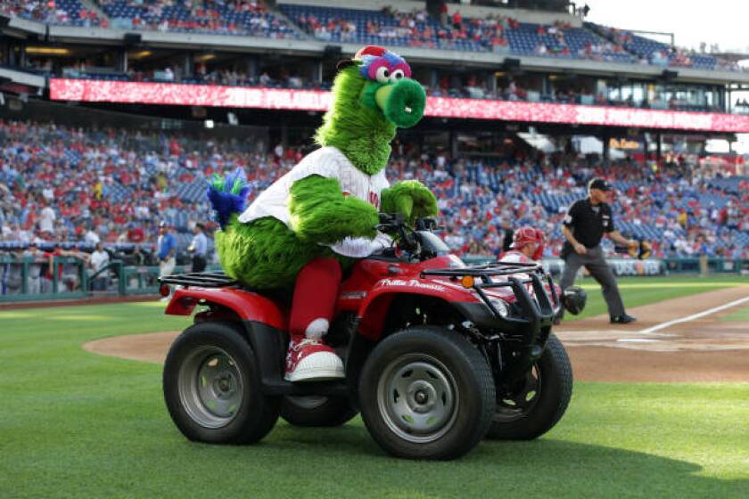 PHILADELPHIA, PA - JULY 12: The Phillie Phanatic performs before a game against the Washington Nationals at Citizens Bank Park on July 12, 2019 in Philadelphia, Pennsylvania. The Nationals won 4-0. (Photo by Hunter Martin/Getty Images)