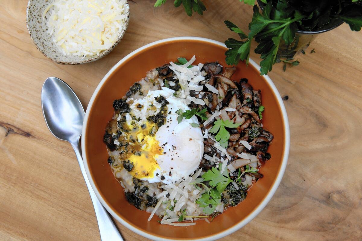 Barley porridge with mushrooms, herbs and poached egg.
