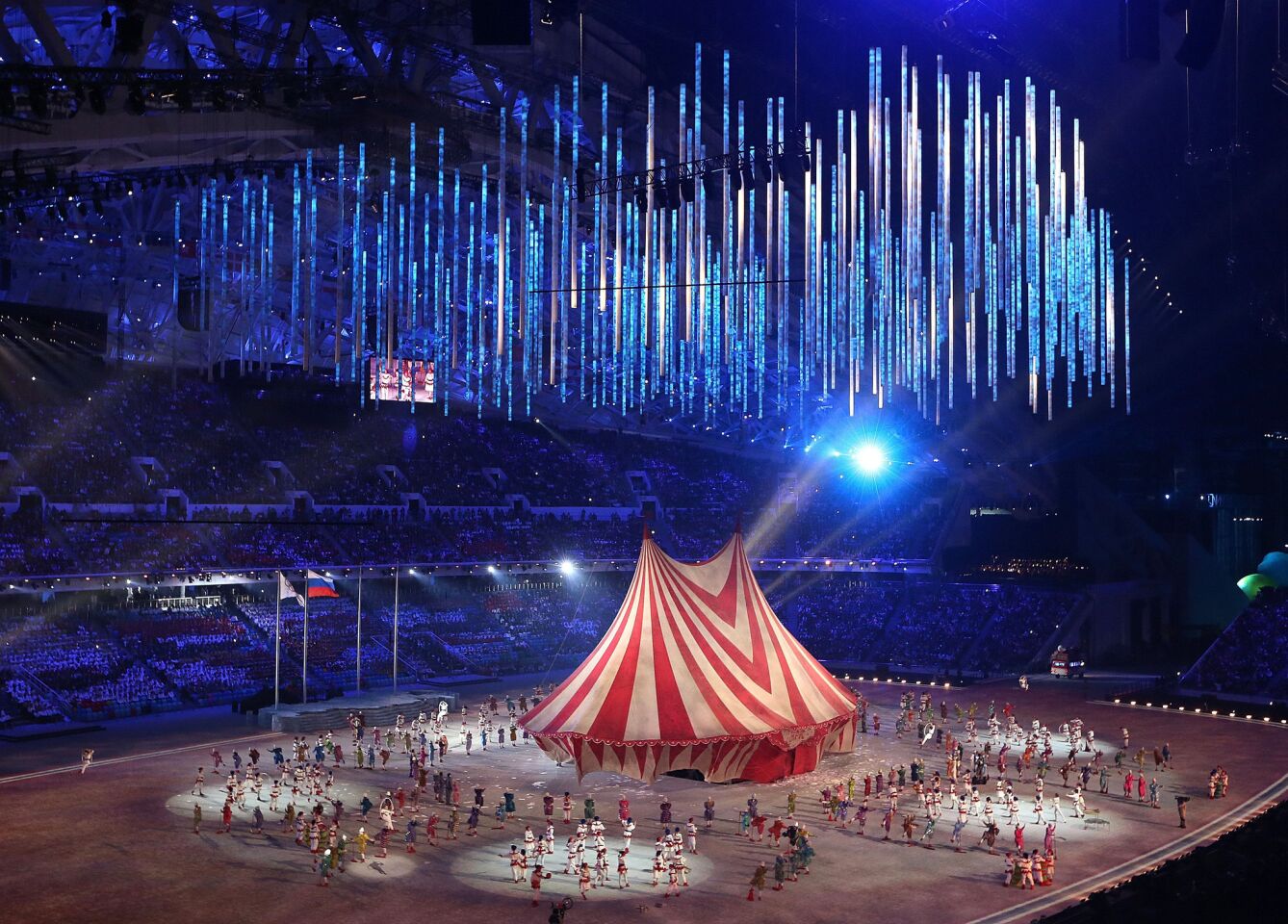 Circus performers take center stage at Fisht Stadium during the 2014 Sochi Winter Olympics Closing Ceremony.