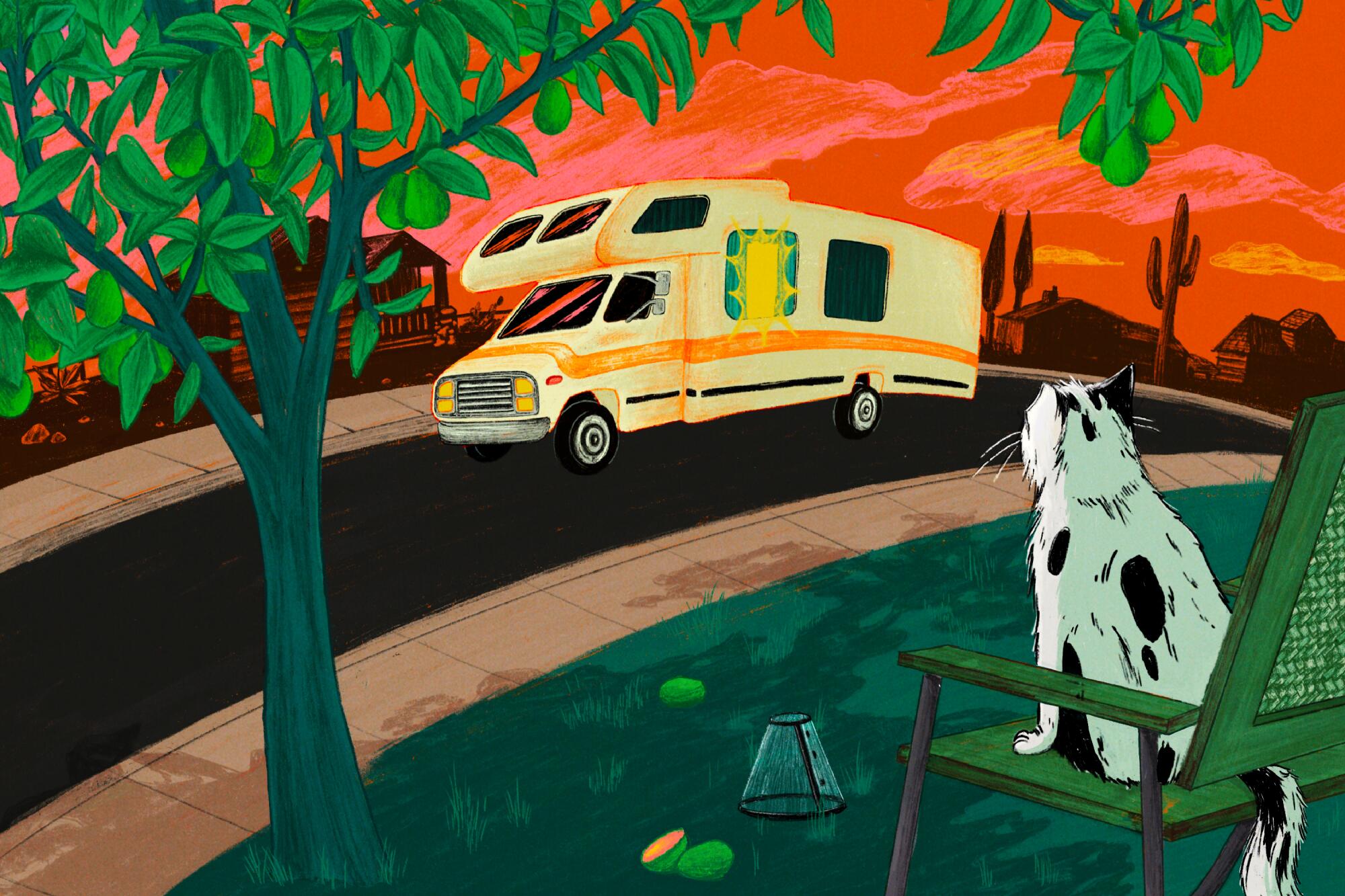 An illustration of a cat, RV, and guava tree during sunset.