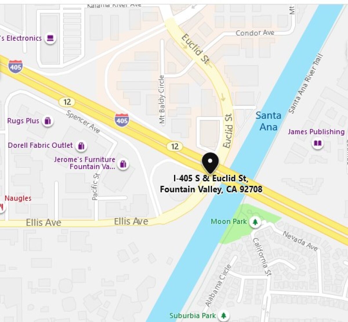A map of the 405 Freeway at Euclid Street in Fountain Valley.