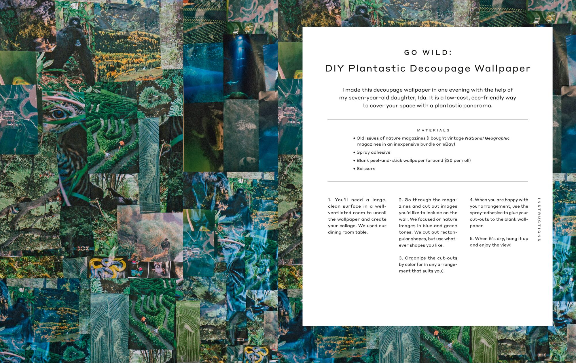 A page from the book "Jungalow: Decorate Wild" discusses making DIY decoupage wallpaper.