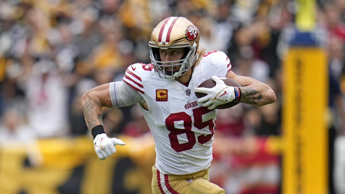 San Francisco 49ers tight end George Kittle runs with the ball during a win over the Pittsburgh Steelers on Sept. 10.