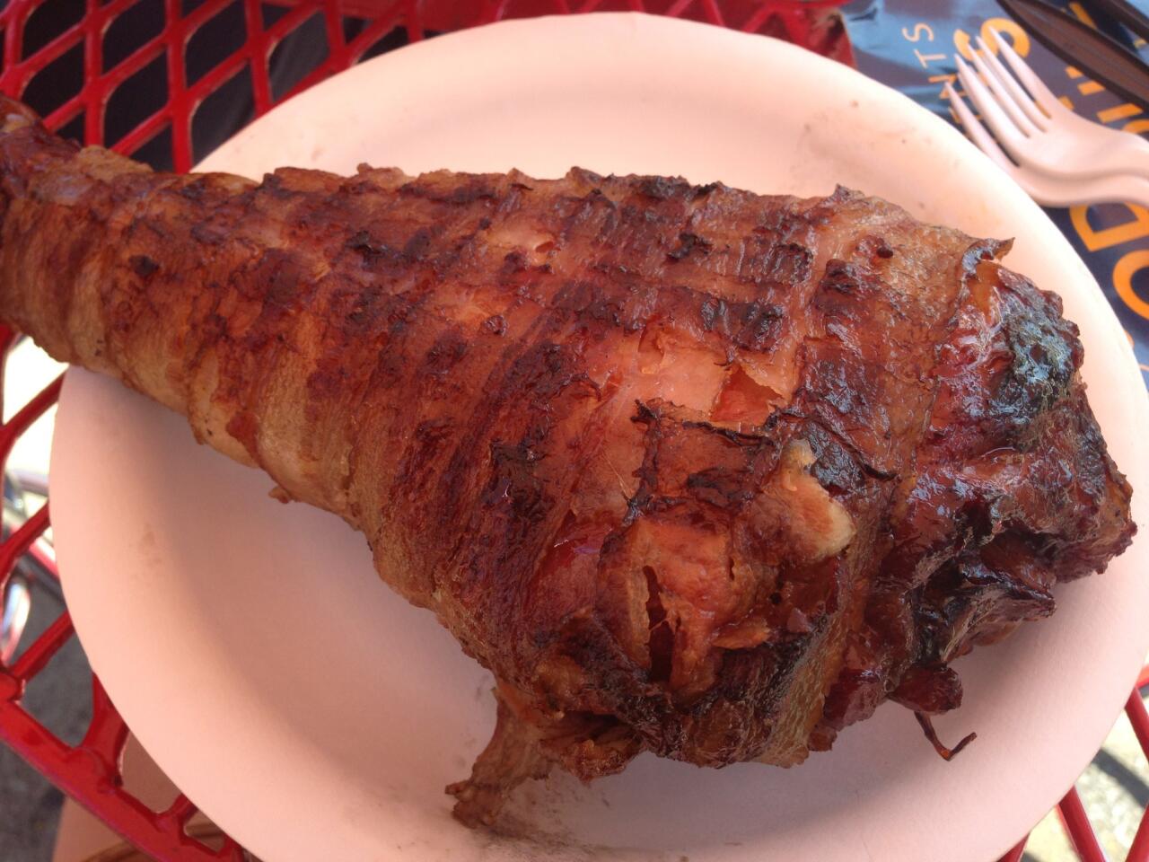 Bacon-wrapped turkey leg.