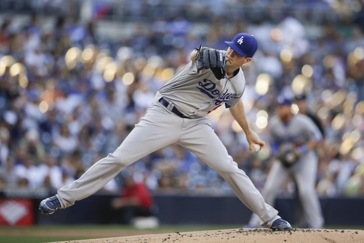 The Dodgers' Alex Wood works against a Padres batter during the first inning of a Sept. 5 game at Petco Park in San Diego.