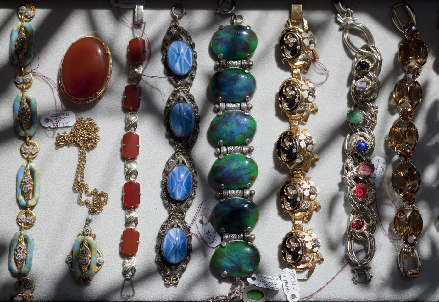 A selection of Neil Zevnik's vintage costume jewelry, with pieces that date from 1915 to the 1980s.