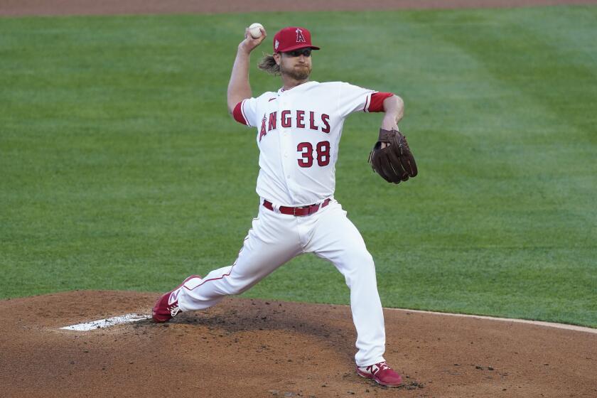 Los Angeles Angels starting pitcher Alex Cobb (38) throws during the first inning of a baseball game against the Chicago White Sox Saturday, April 3, 2021, in Anaheim, Calif. (AP Photo/Ashley Landis)